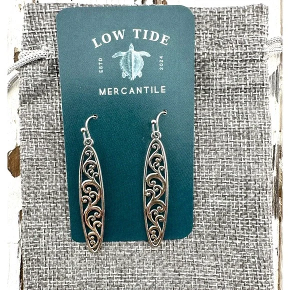 Silver Tone Carved Filigree Skinny Oval Earrings - Picture 3 of 3